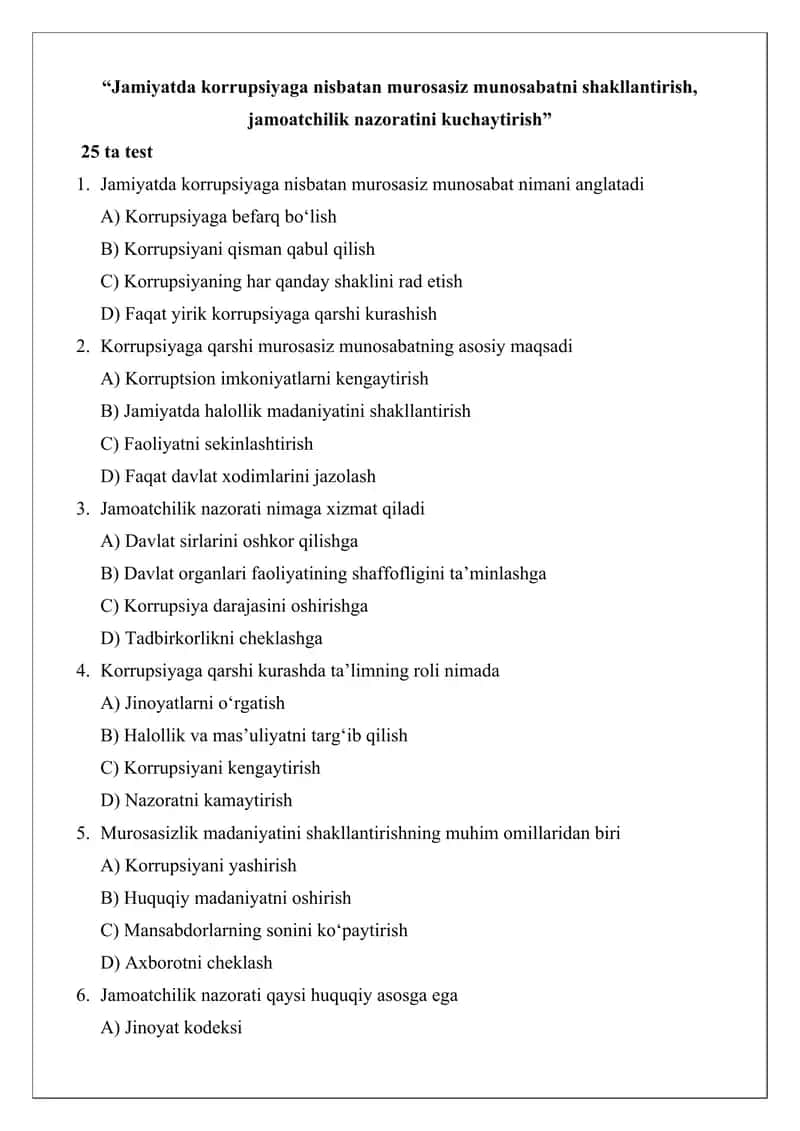Jamiyatda korrupsiyaga nisbatan murosasiz munosabatni shakllantirish, jamoatchilik nazoratini kuchaytirish 1