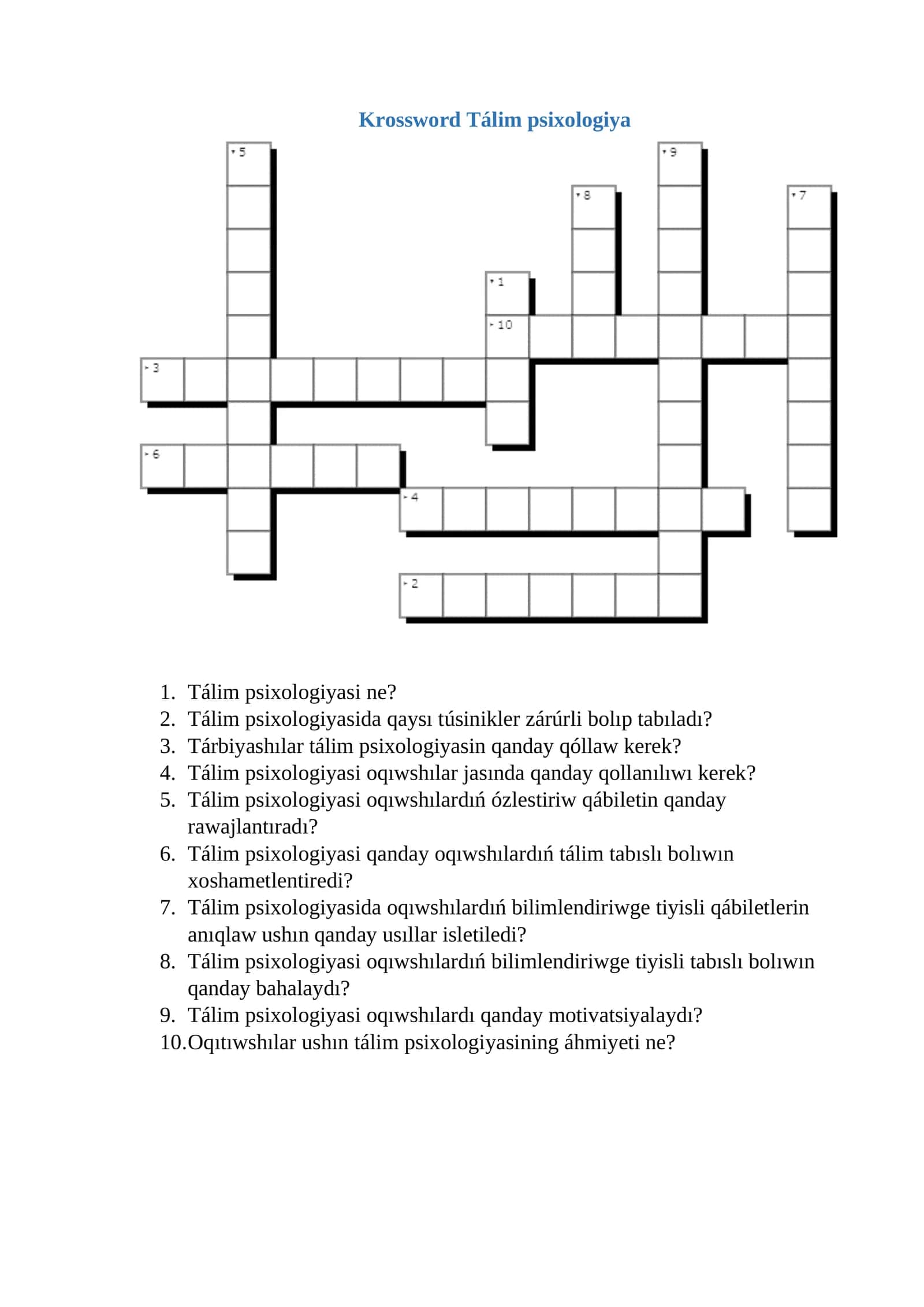 Krossword Tálim psixologiya 1