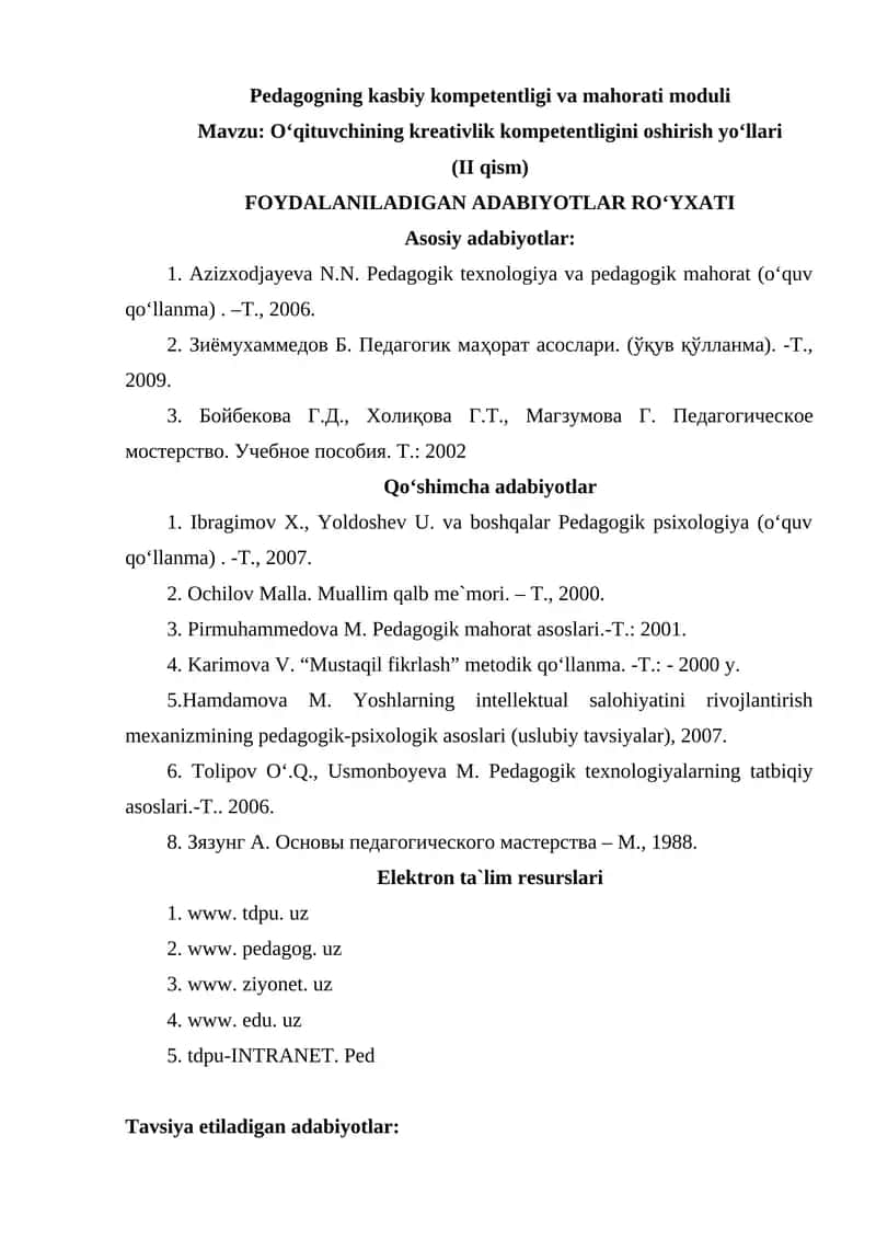 Pedagogning kasbiy kompetentligi va mahorati moduli 1