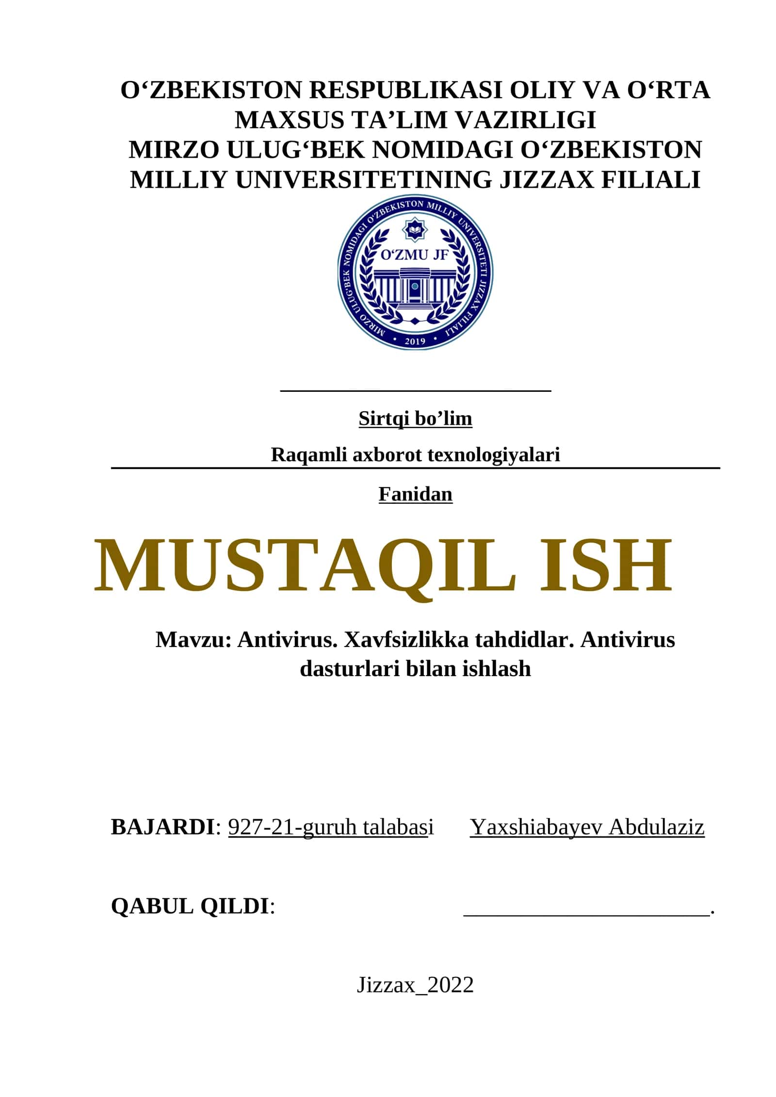 Antivirus. Xavfsizlikka tahdidlar. Antivirus dasturlari bilan ishlash 1