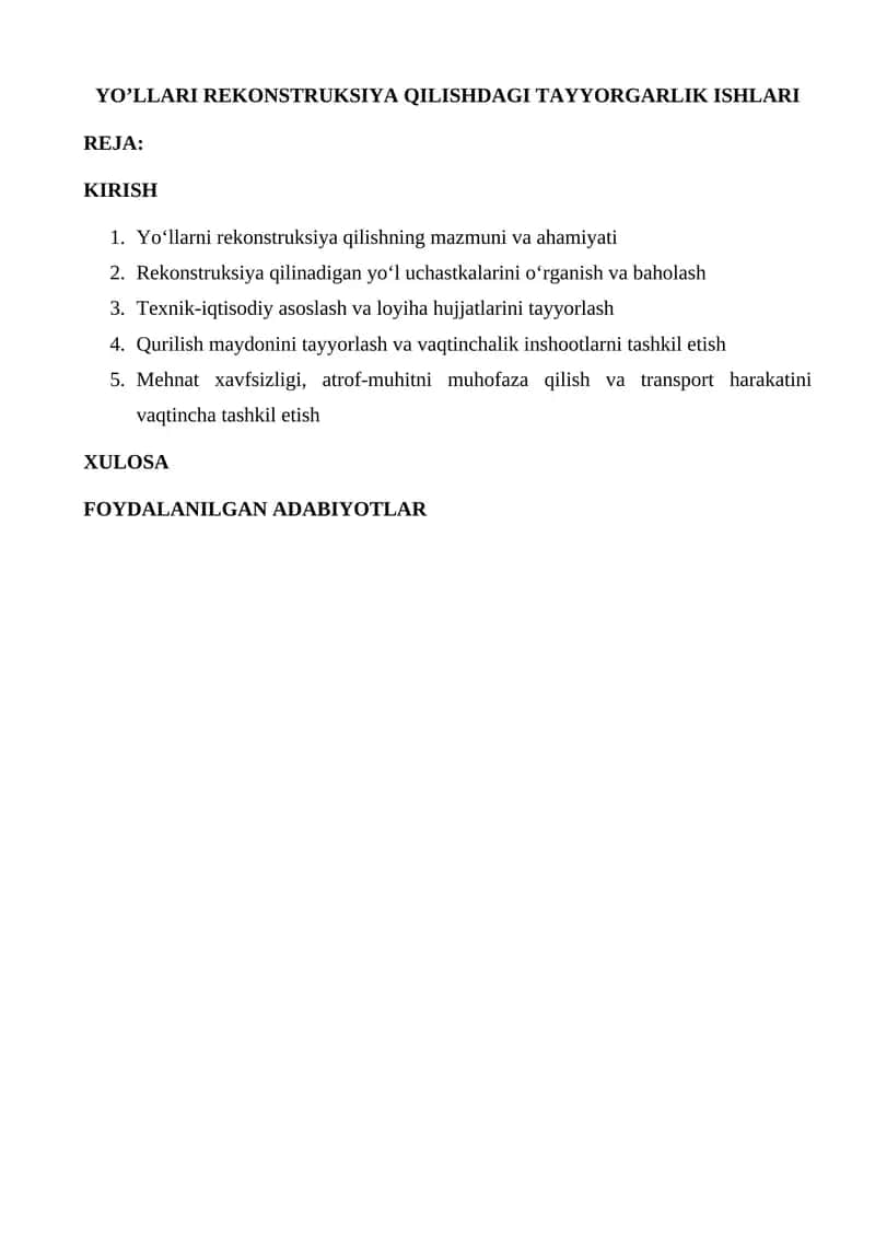 Yo’llarni Rekonstruksiya Qilishdagi Tayyorgarlik Ishlari 1