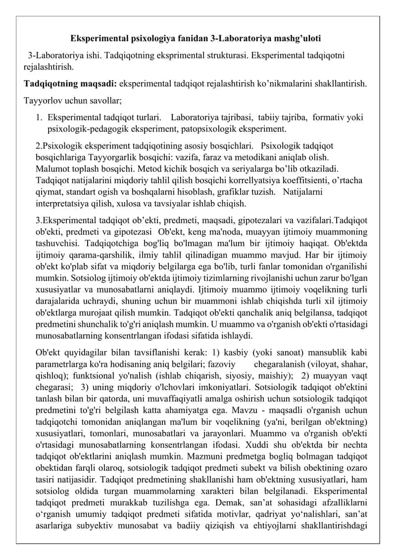 eksperimental psixologiya. Tadqiqotning eksprimental strukturasi. Eksperimental tadqiqotni rejalashtirish. 1