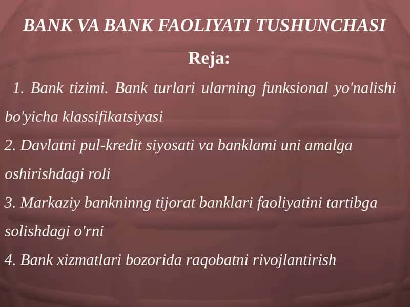 BANK VA BANK FAOLIYATI TUSHUNCHASI 1