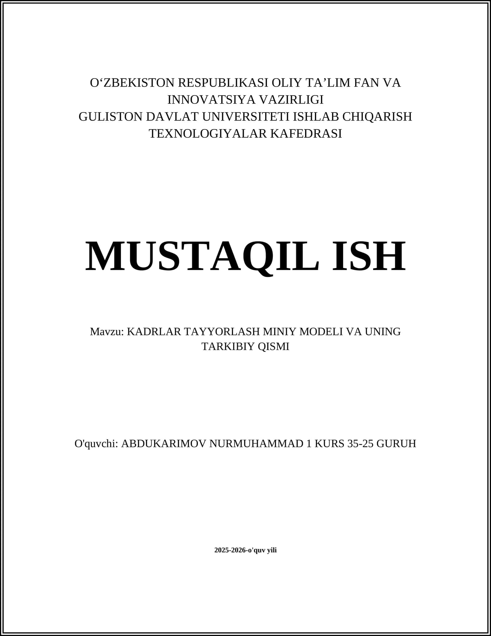 Kadrlar tayyorlash miniy modeli va uning tarkibiy qismi 1