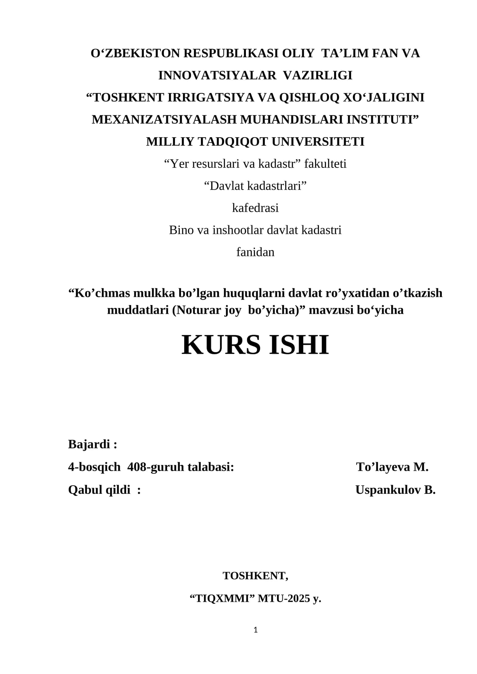 Ko’chmas mulkka bo’lgan huquqlarni davlat ro’yxatidan o’tkazish muddatlari (Noturar joy bo’yicha) 1