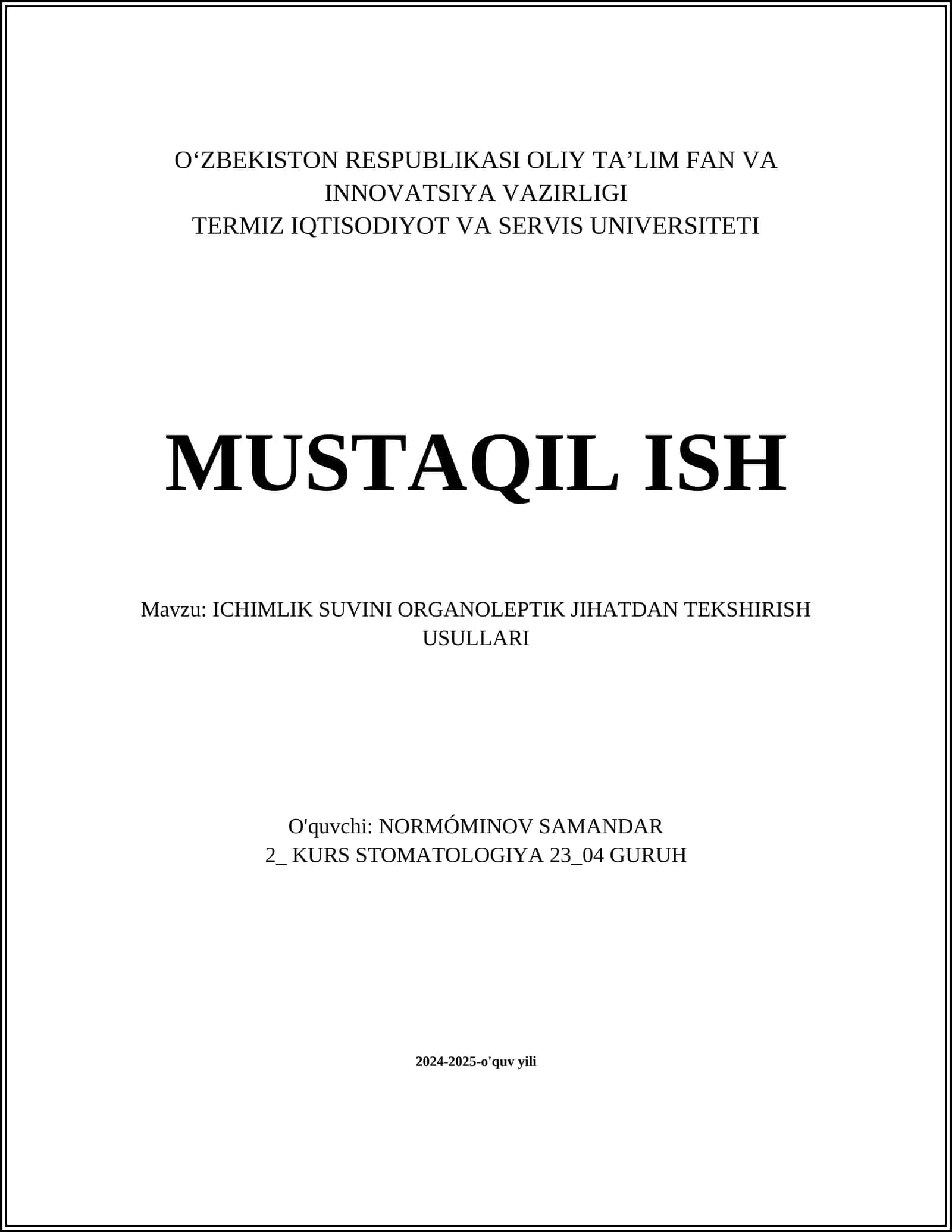 ICHIMLIK SUVINI ORGANOLEPTIK JIHATDAN TEKSHIRISH USULLARI 1