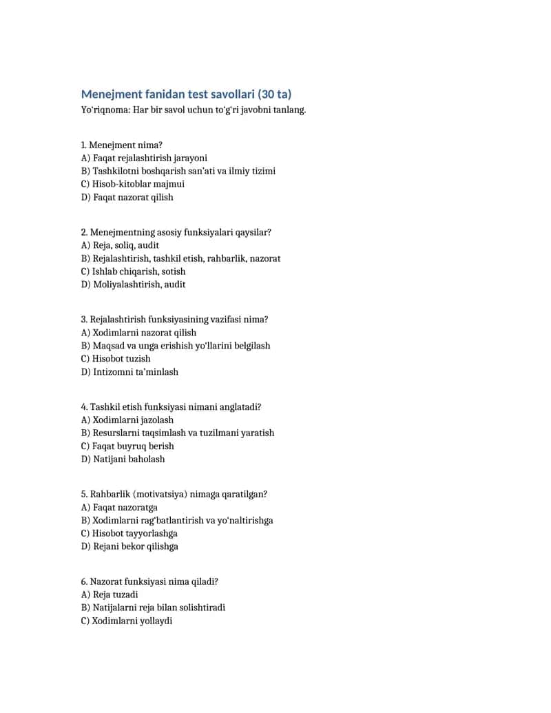 Menejment fanidan test savollari (30 ta) 1