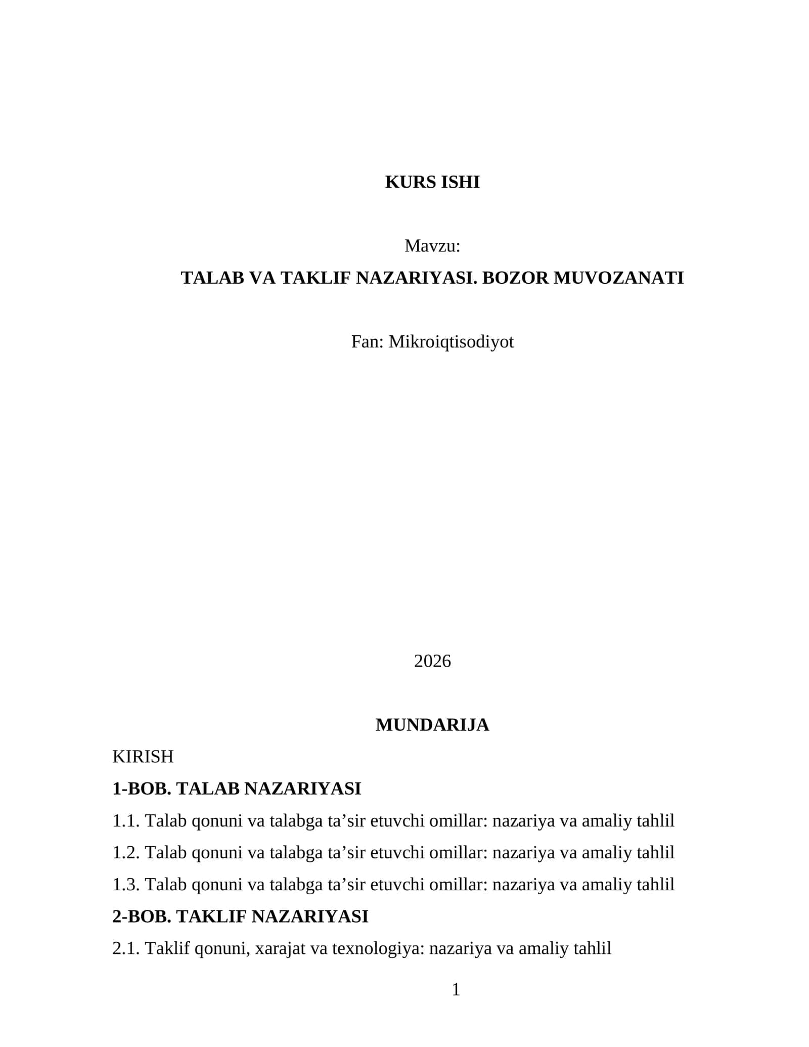 TALAB VA TAKLIF NAZARIYASI. BOZOR MUVOZANATI 1