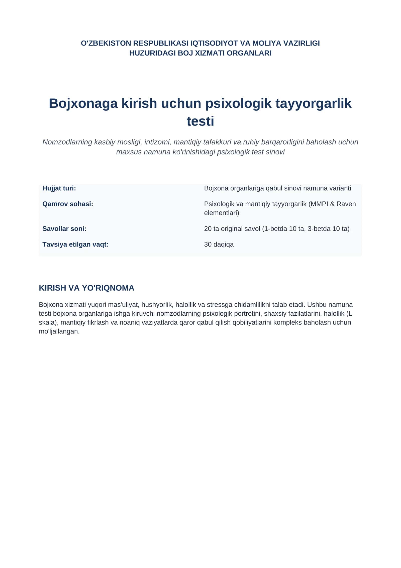 Bojxonaga Psixologik tayyorgarlik testi 2026 1