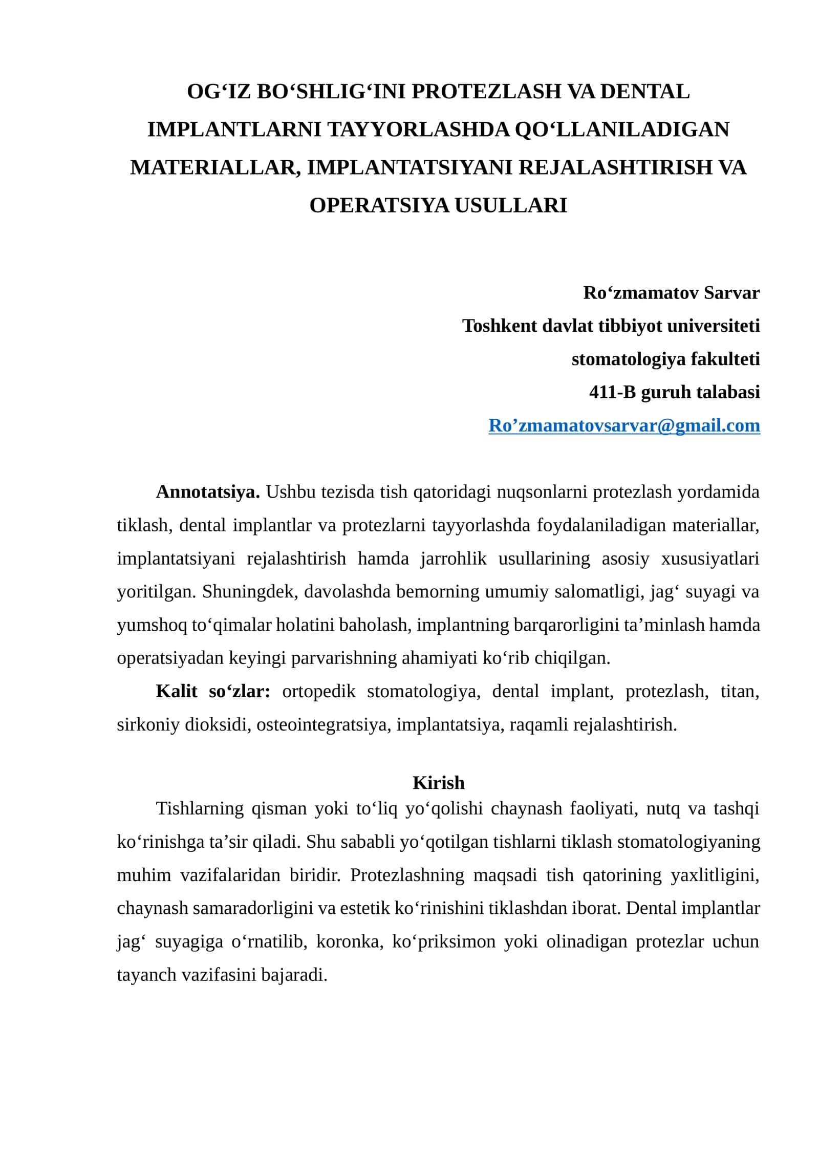 OG‘IZ BO‘SHLIG‘INI PROTEZLASH VA DENTAL IMPLANTLARNI TAYYORLASHDA QO‘LLANILADIGAN MATERIALLAR 1
