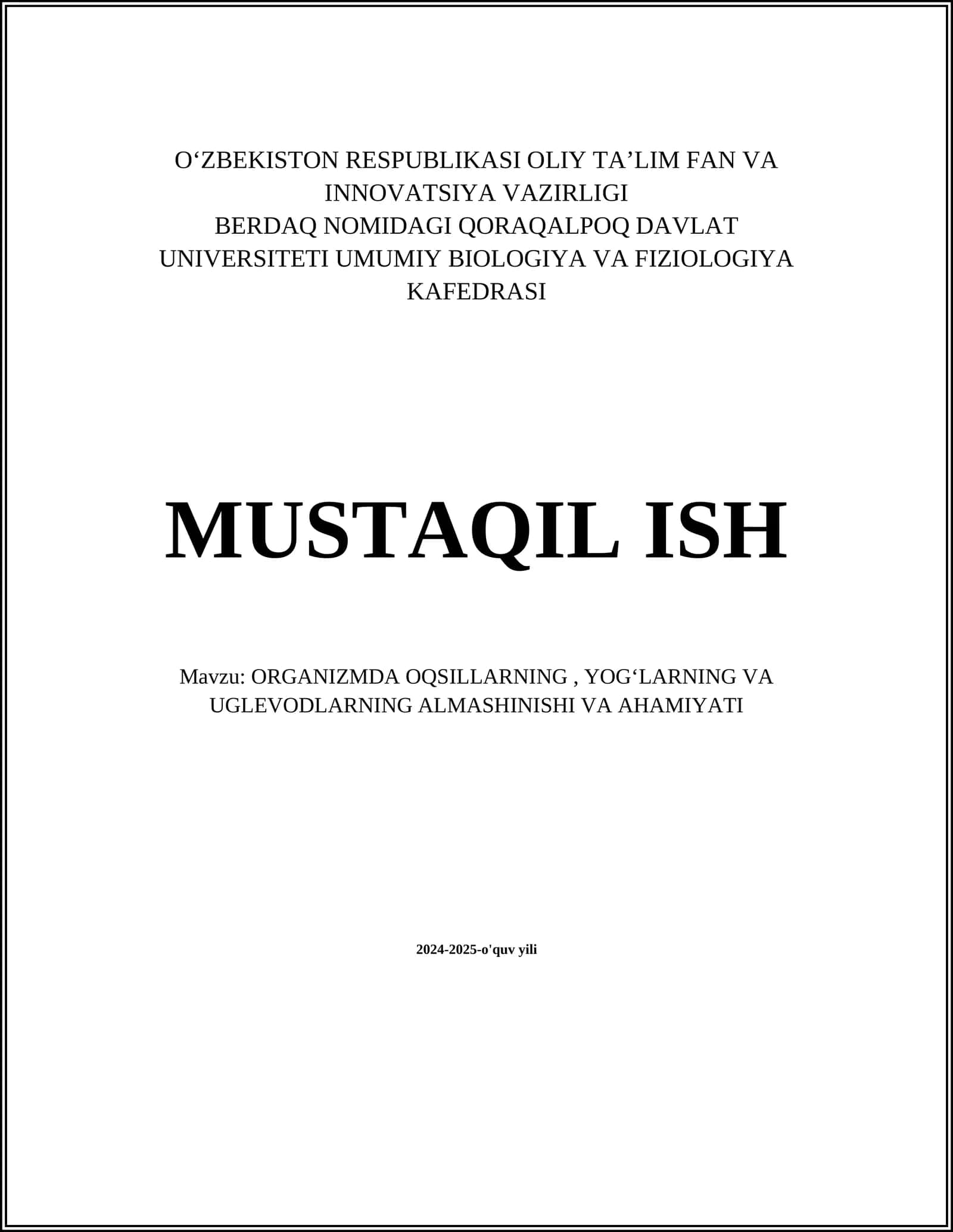ORGANIZMDA OQSILLARNING, YOGʻLARNING VA UGLEVODLARNING ALMASHINISHI VA AHAMIYATI 1