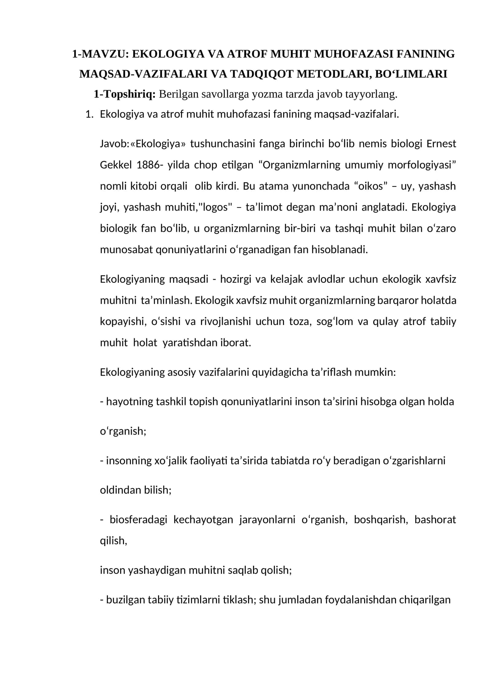 EKOLOGIYA VA ATROF MUHIT MUHOFAZASI FANINING MAQSAD-VAZIFALARI VA TADQIQOT METODLARI, BО'LLMILARI 1