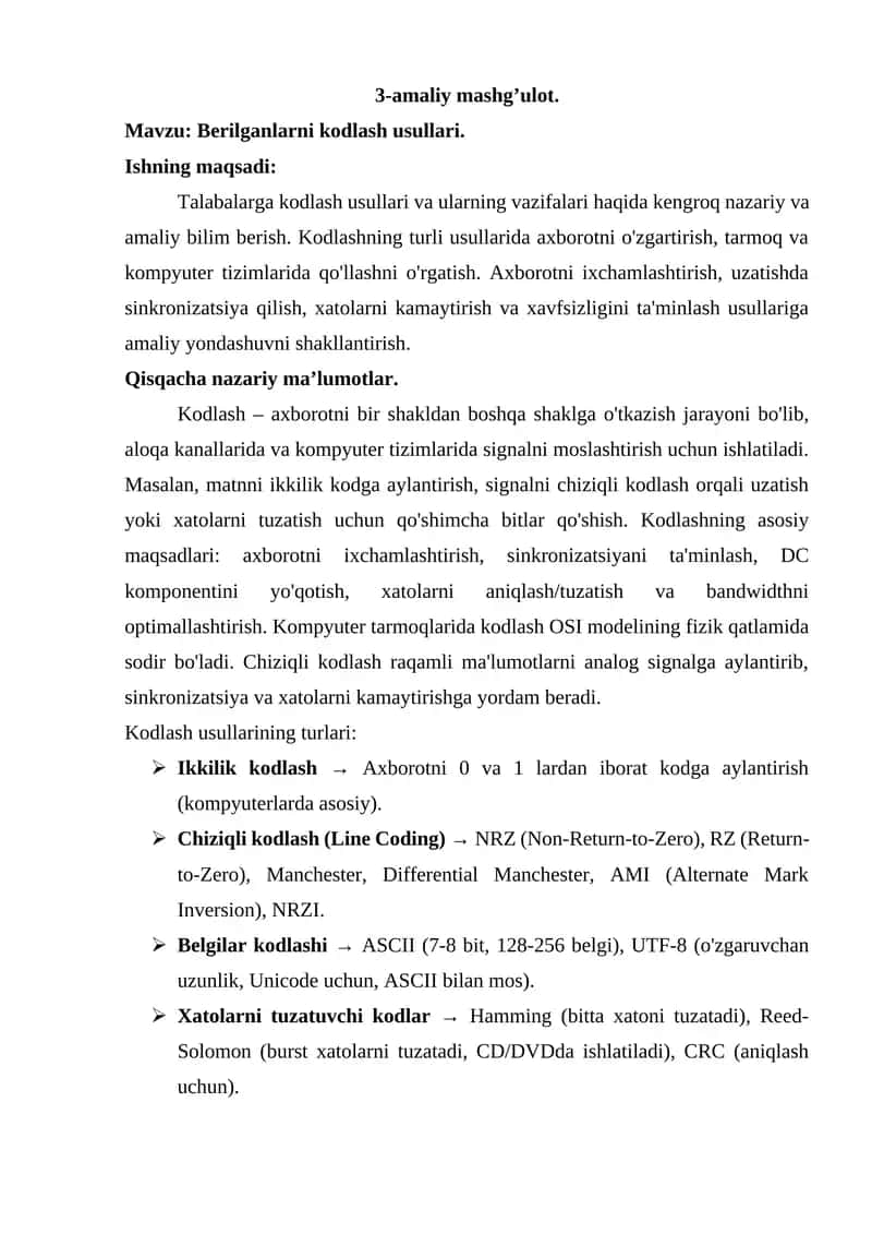 Berilganlarni kodlash usullari 1