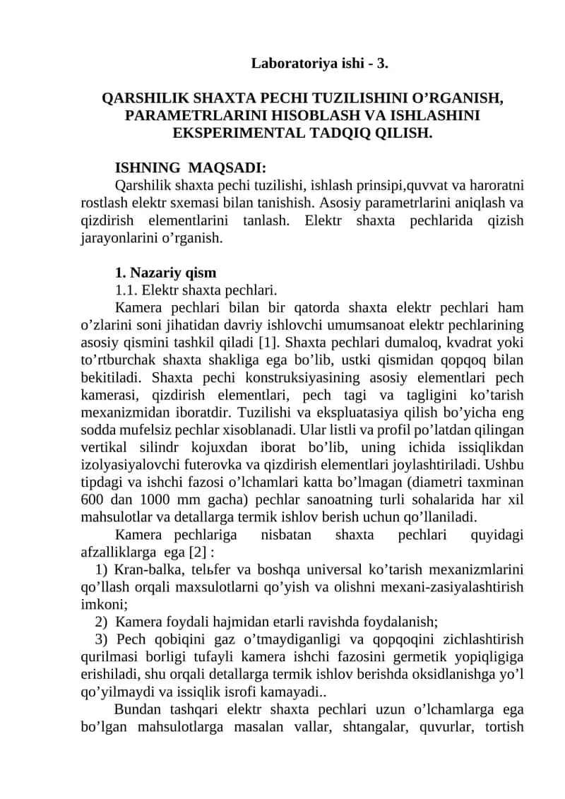 Qarshilik shaxta pechi tuzilishini o’rganish 1