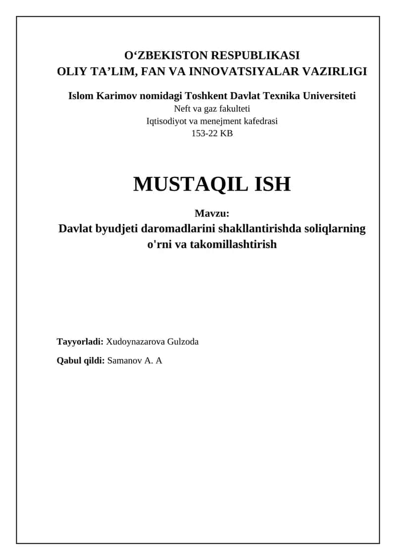 Daavat byudjeti daromadlarini shakllantirishda soliqlarning o'rni va takomillashtirish 1