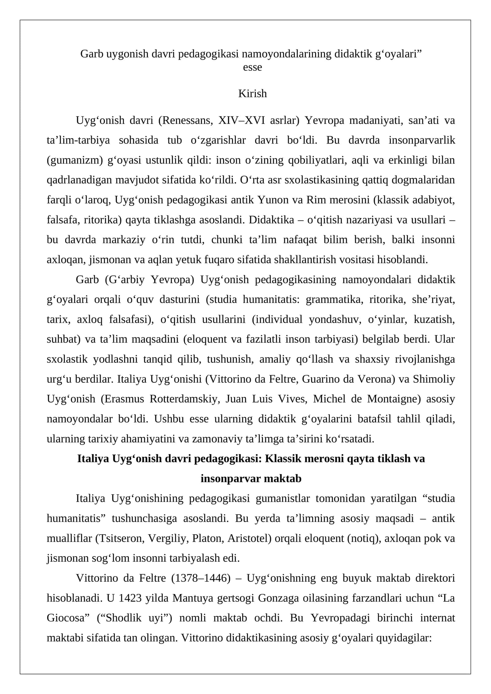 Garb uygonish davri pedagogikasi namoyondalarining didaktik g‘oyalari 1