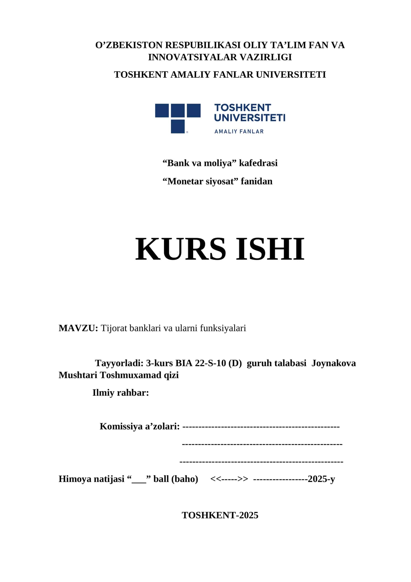 Tijorat banklari va ularni funksiyalari 1
