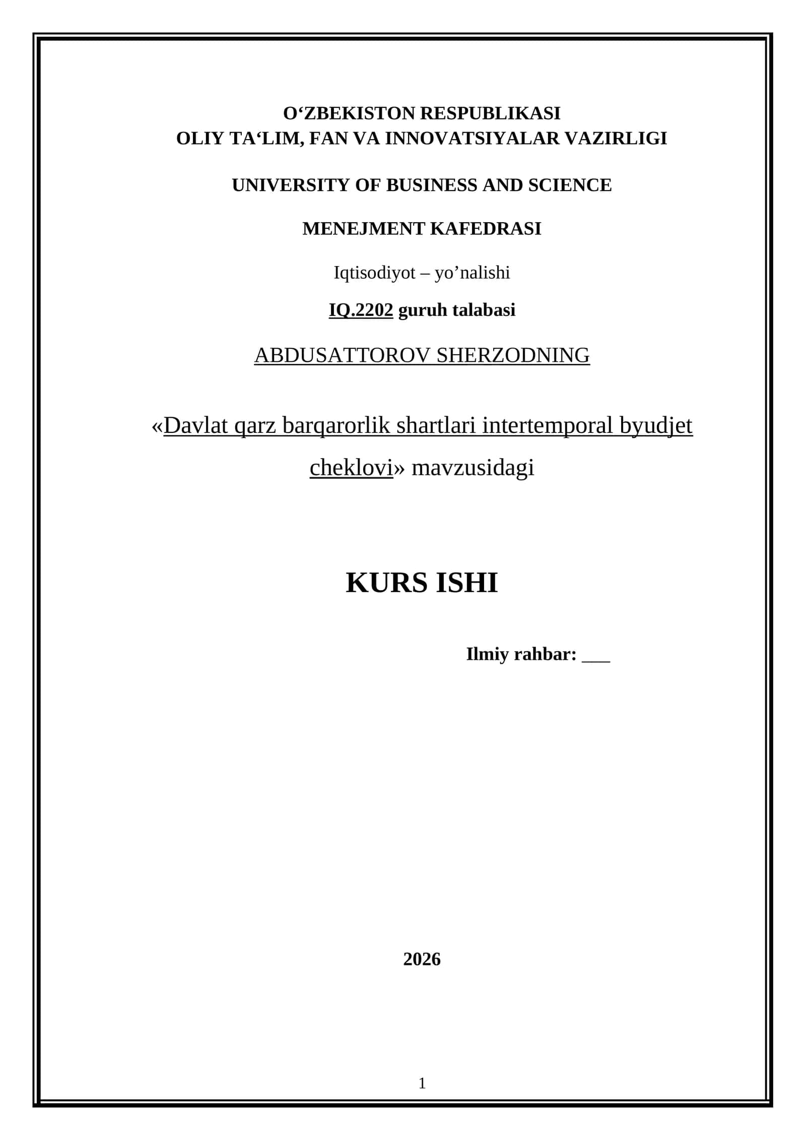 Davlat qarz barqarorlik shartlari intertemporal byudjet cheklovi 1