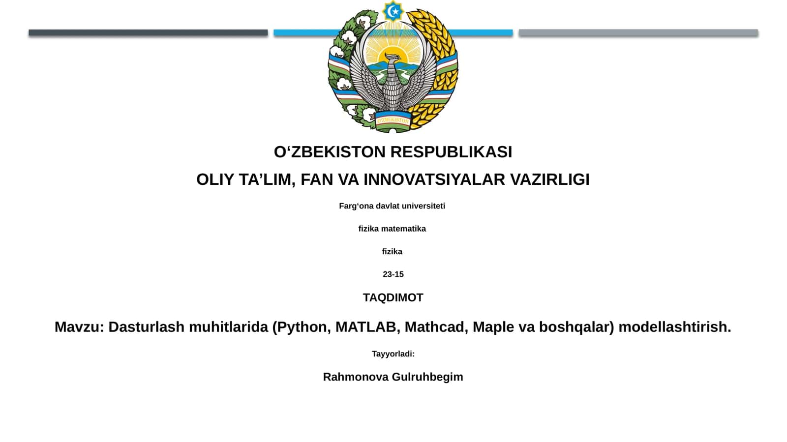 Dasturlash muhitlarida (Python, MATLAB, Mathcad, Maple va boshqalar) modellashtirish 1