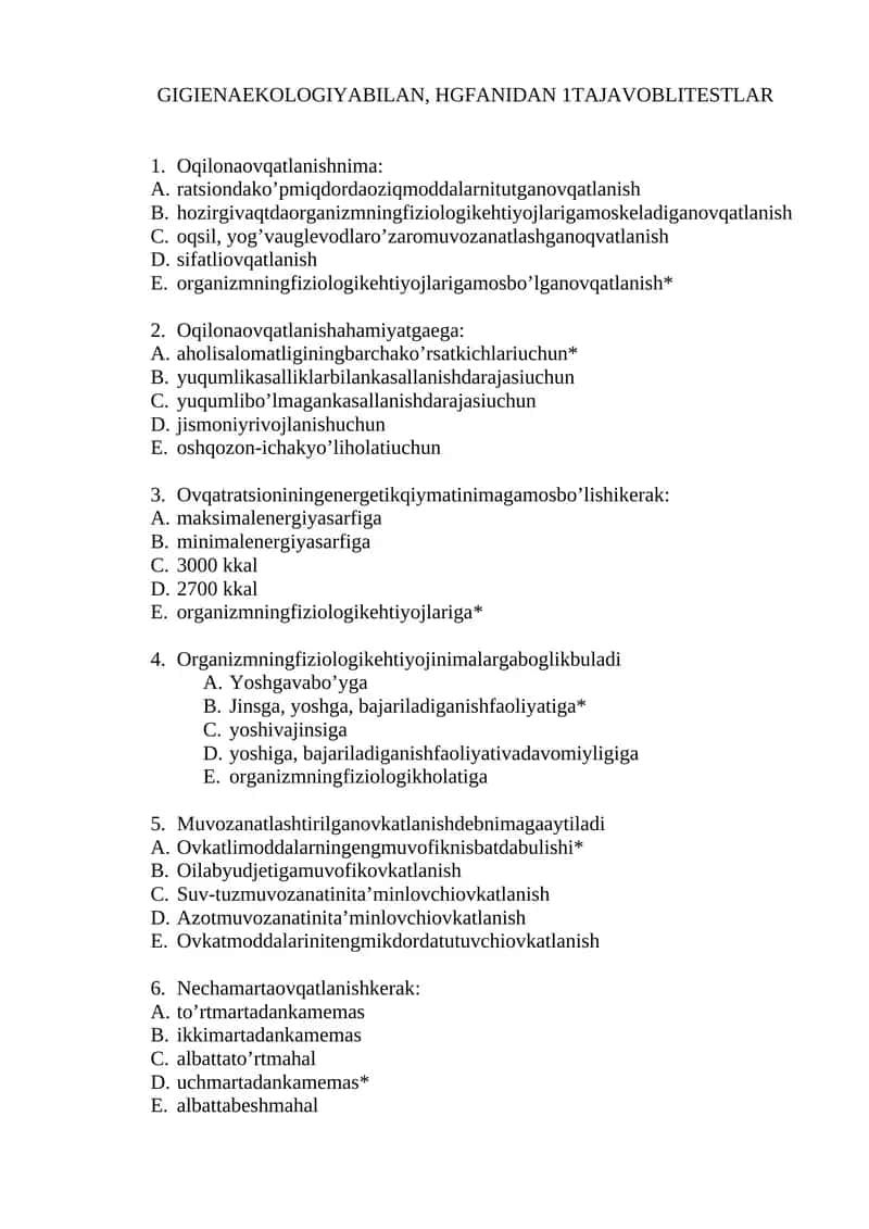 GIGIENAEKOLOGIYABILAN, HGFANIDAN 1TAJAVOBLITESTLAR 1