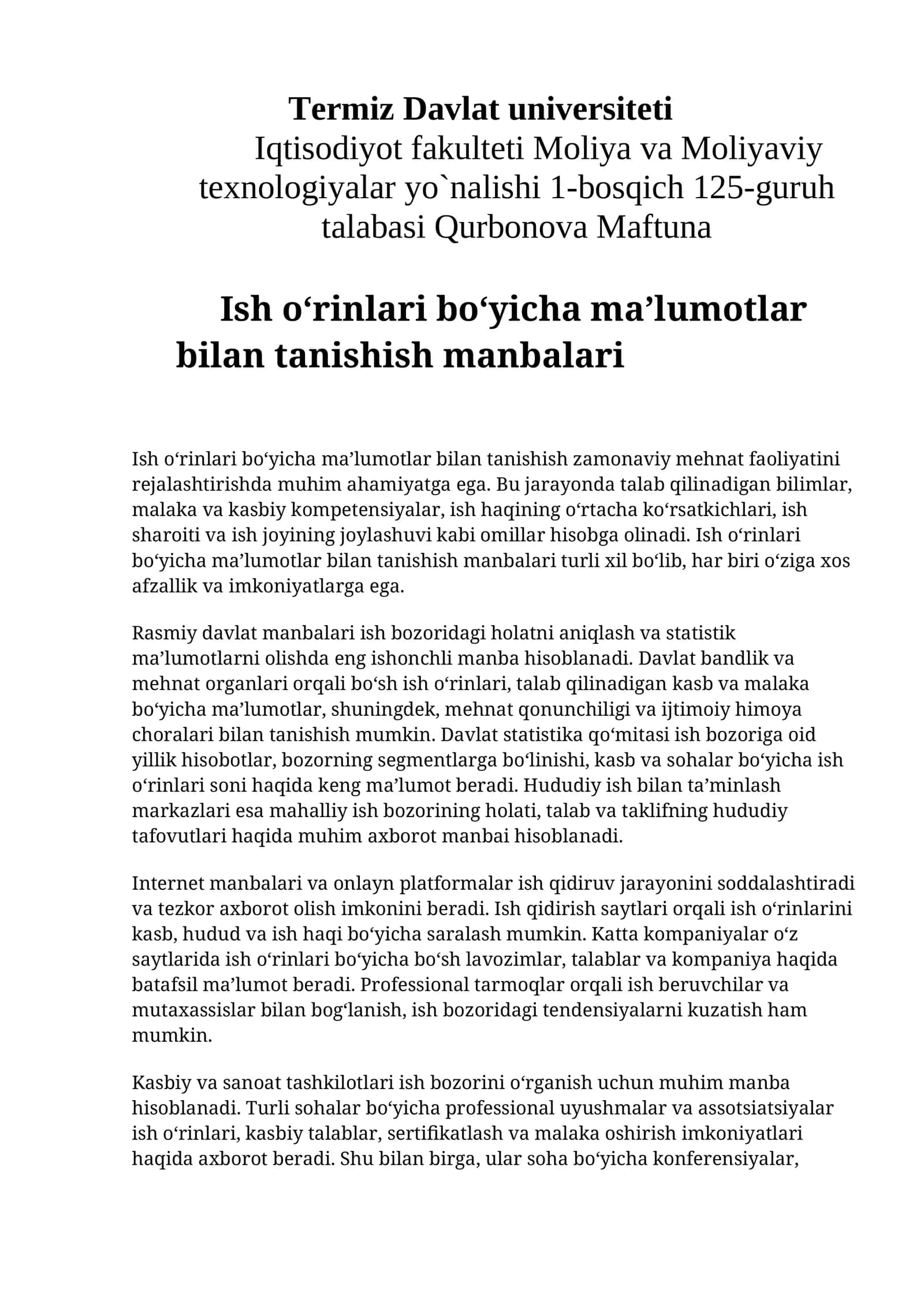 Moliya va Moliyaviy texnologiyalar yo`nalishi 1-bosqich 125-guruh talabasi Qurbonova Maftuna 1