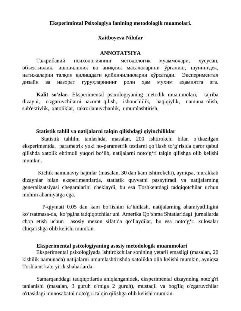 Eksperimintal Psixologiya fanining metodologik muamolari 1