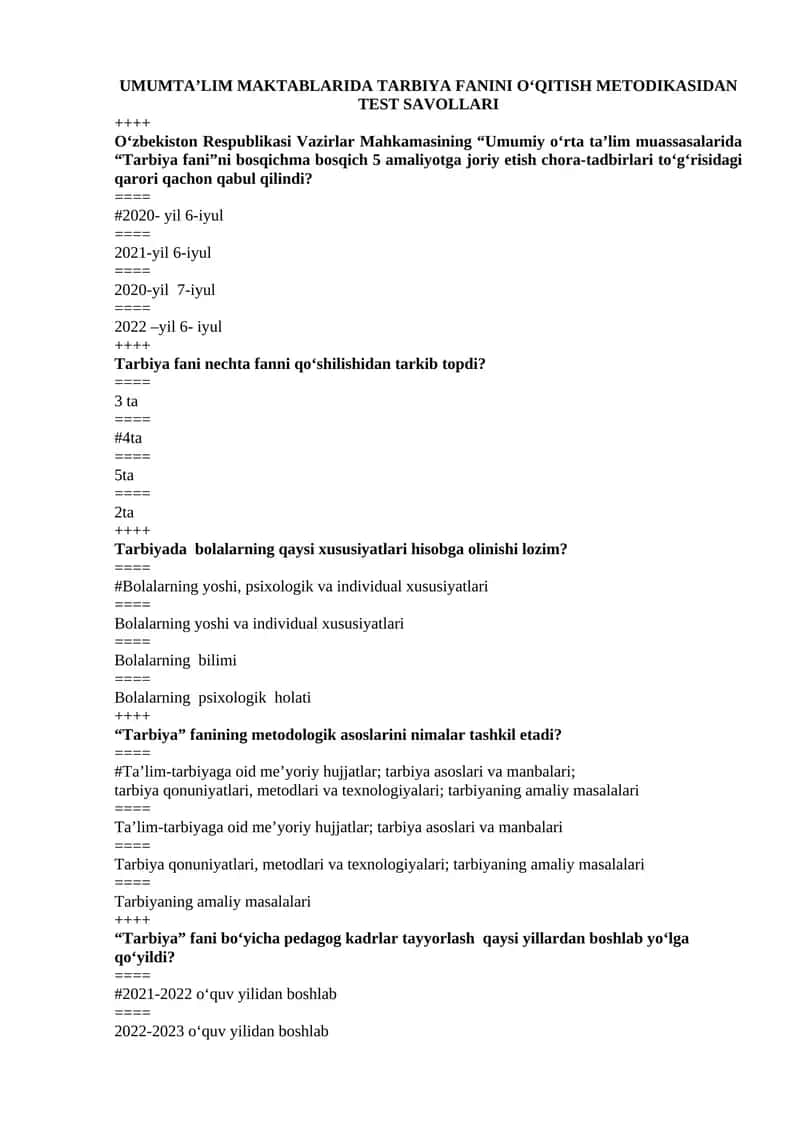 UMUMTA’LIM MAKTABLARIDA TARBIYA FANINI O‘QITISH METODIKASIDAN TEST SAVOLLARI 1