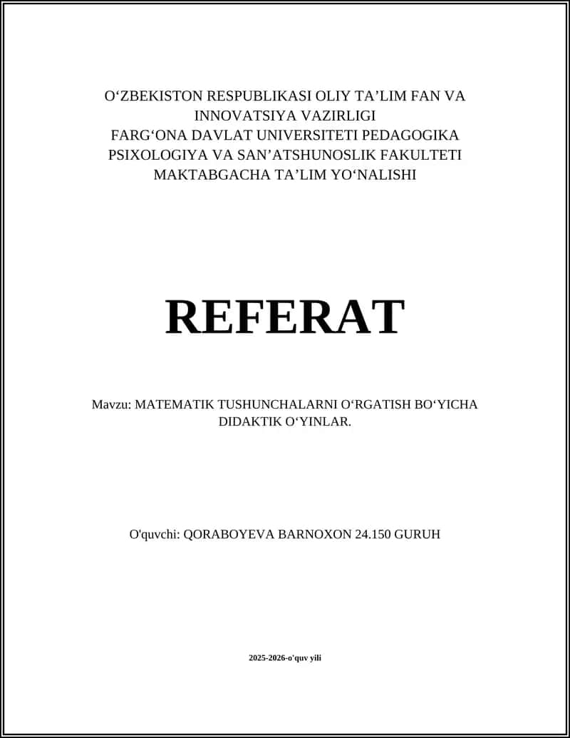 MATEMATIK TUSHUNCHALARNI OʻRGATISH BOʻYICHA DIDAKTIK OʻYINLAR 1