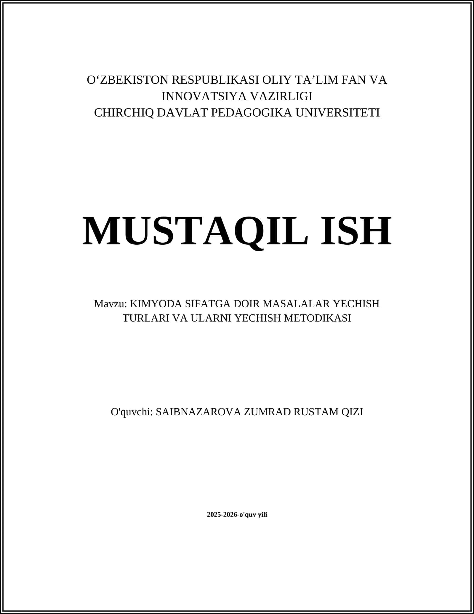 KIMYODA SIFATGA DOIR MASALALAR YECHISH TURLARI VA ULARNI YECHISH METODIKASI 1