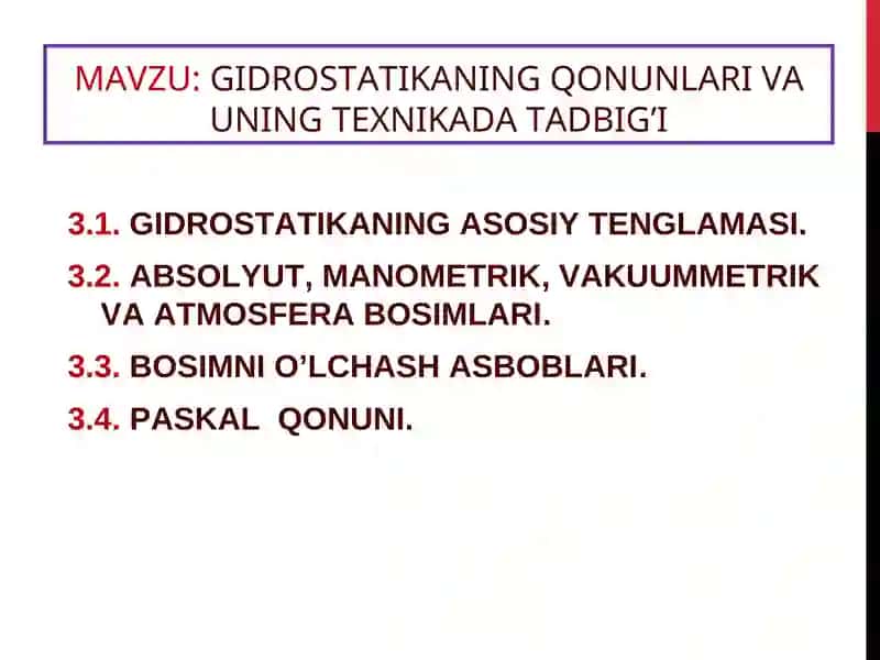 GIDROSTATIKANINGQONUNLARI VA UNING TEXNIKADA TADBIG’I 1
