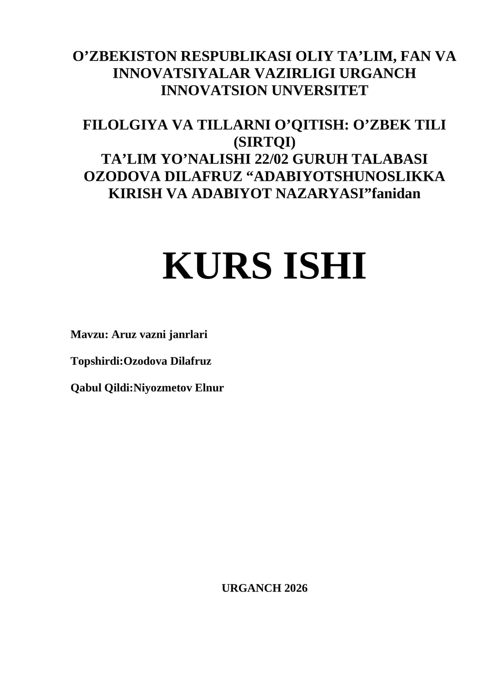 Filolgiya va tillarni o’qitish: O’zbek tili (sirtqi) 1