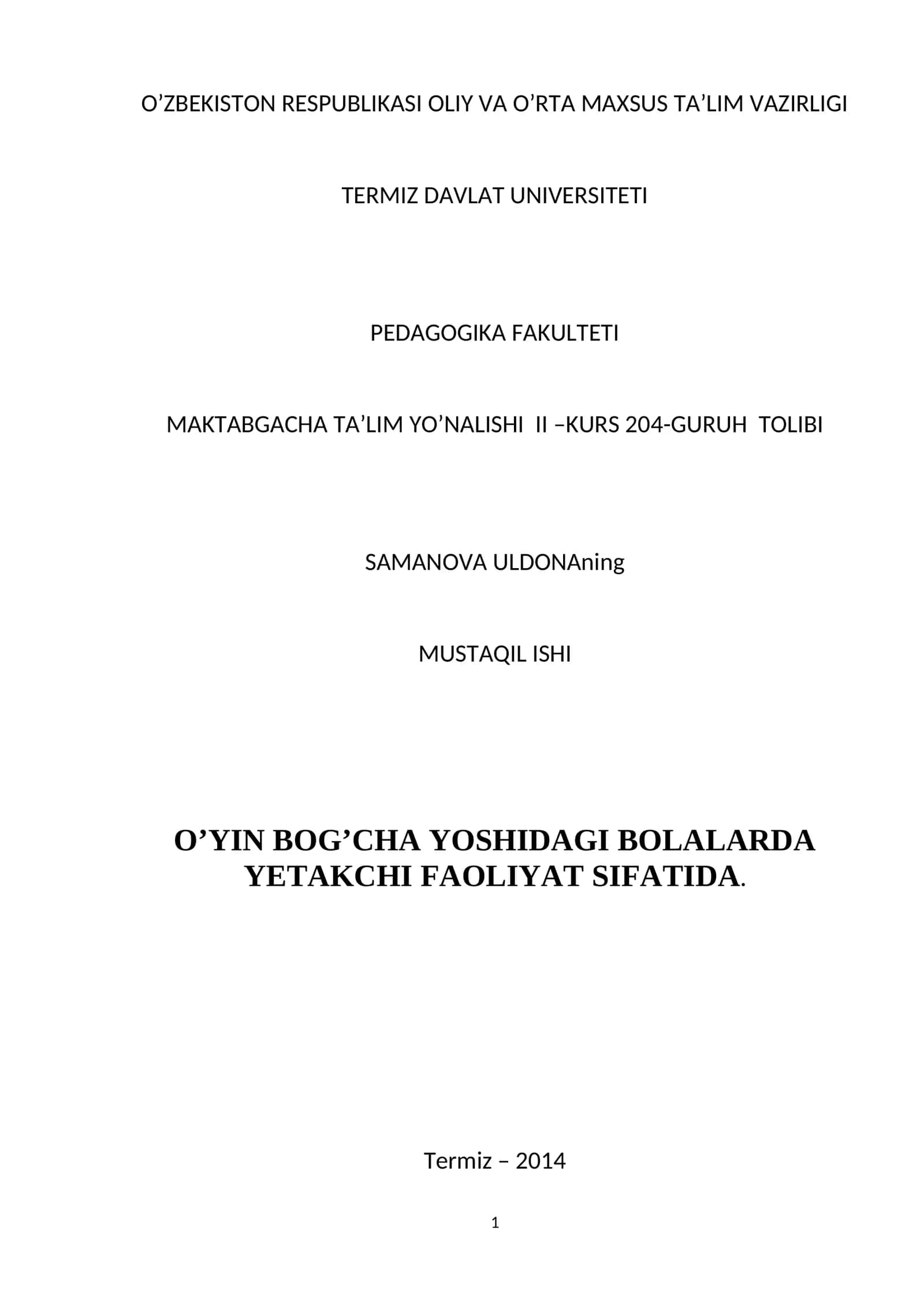 O’yin bog’cha yoshidagi bolalarda yetakchi faoliyat sifatida 1