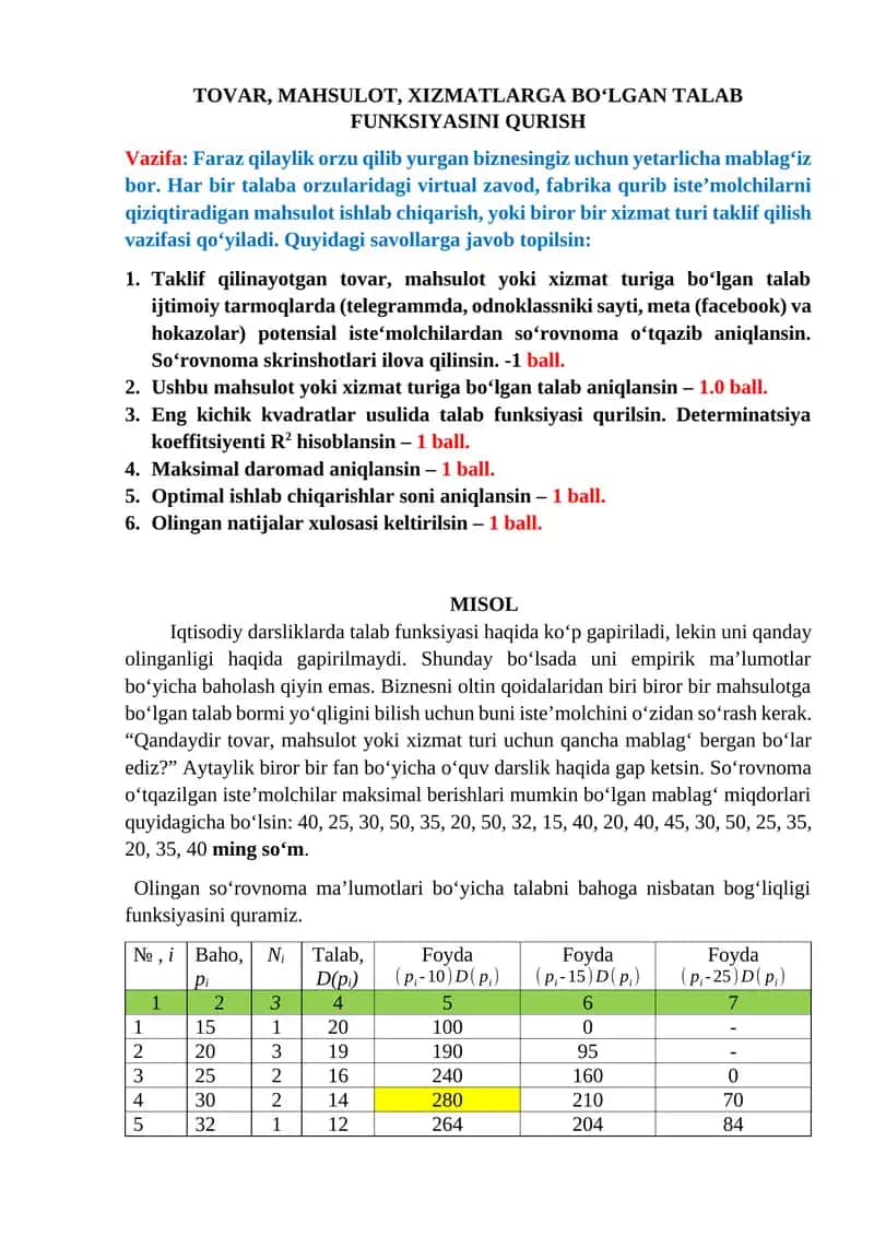 TOVAR, MAHSULOT, XIZMATLARGA BOʻLGAN TALAB FUNKSIYASINI QURISH 1