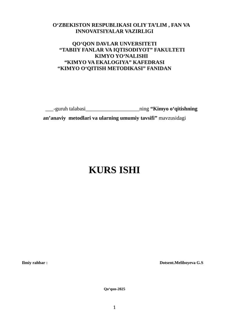 "Kimyo o‘qitishning an‘anaviy metodlari va ularning umumiy tavsifi" 1