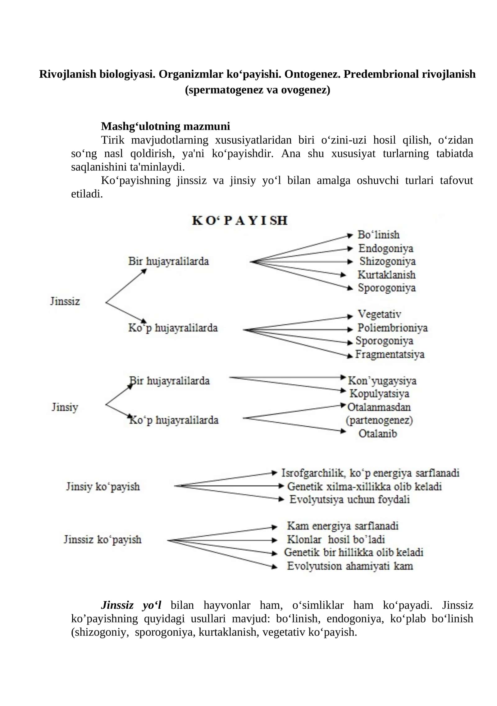 Rivojlanish biologiyasi. Organizmlar ko‘payishi. Ontogenez. Predembrional rivojlanish (spermatogenez va ovogenez) 1