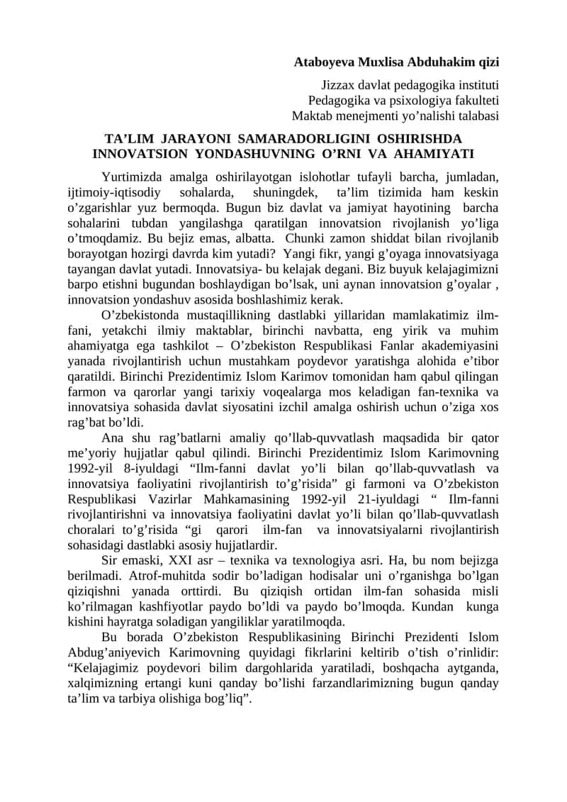 Ta'lim jarayoni samaradorligini oshirishda innovatsion yondashuvning o’rni va ahamiyati 1