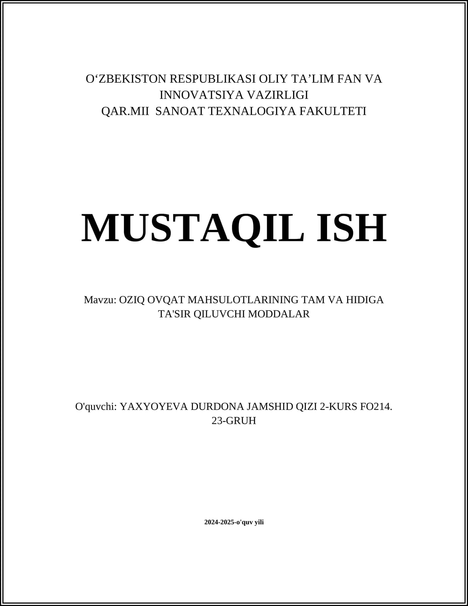 OZIQ OVQAT MAHSULOTLARINING TAM VA HIDIGA TA'SIR QILUVCHI MODDALAR 1