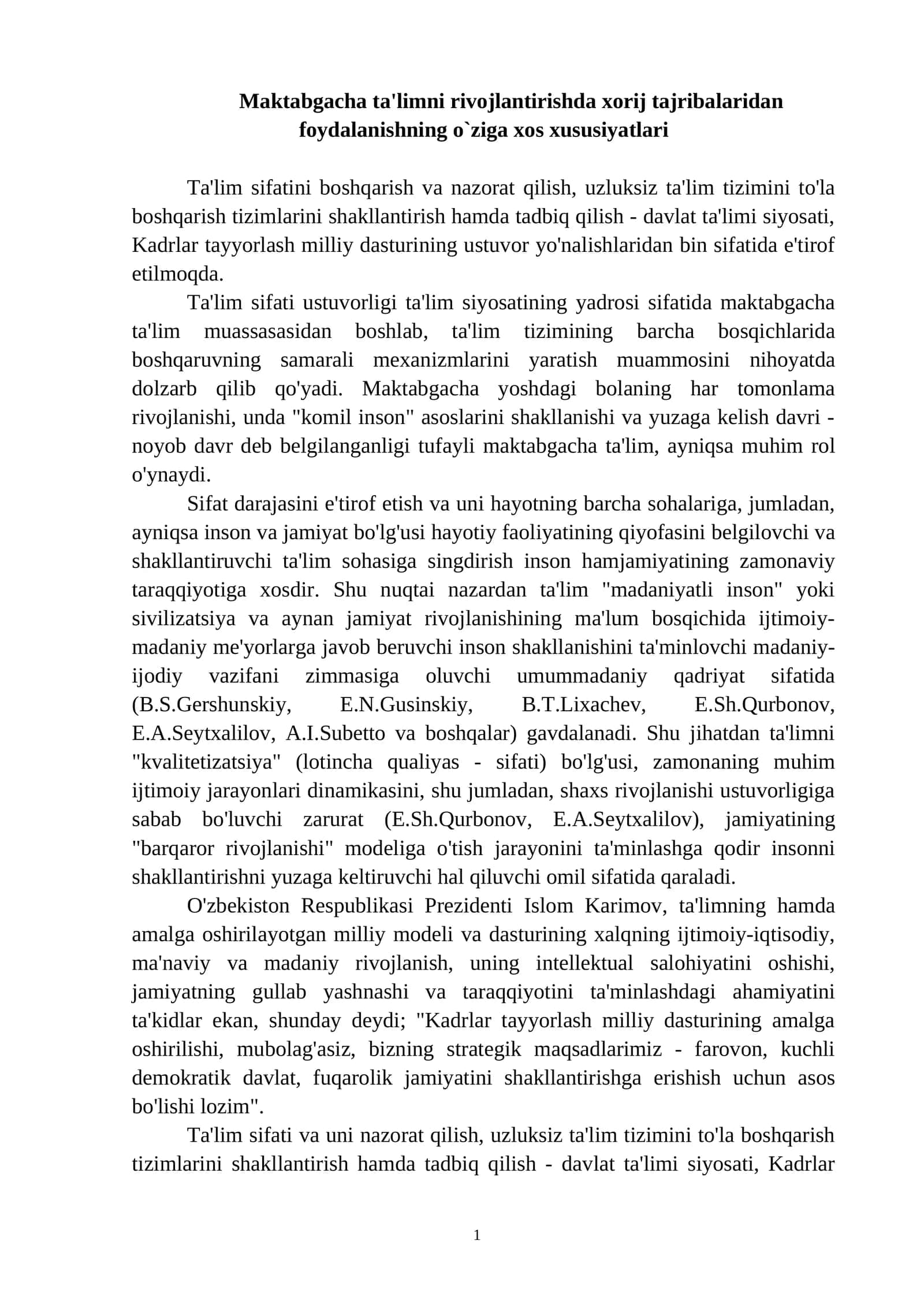 Maktabgacha ta'limni rivojlantirishda xorij tajribalaridan foydalanishning o`ziga xos xususiyatlari 1