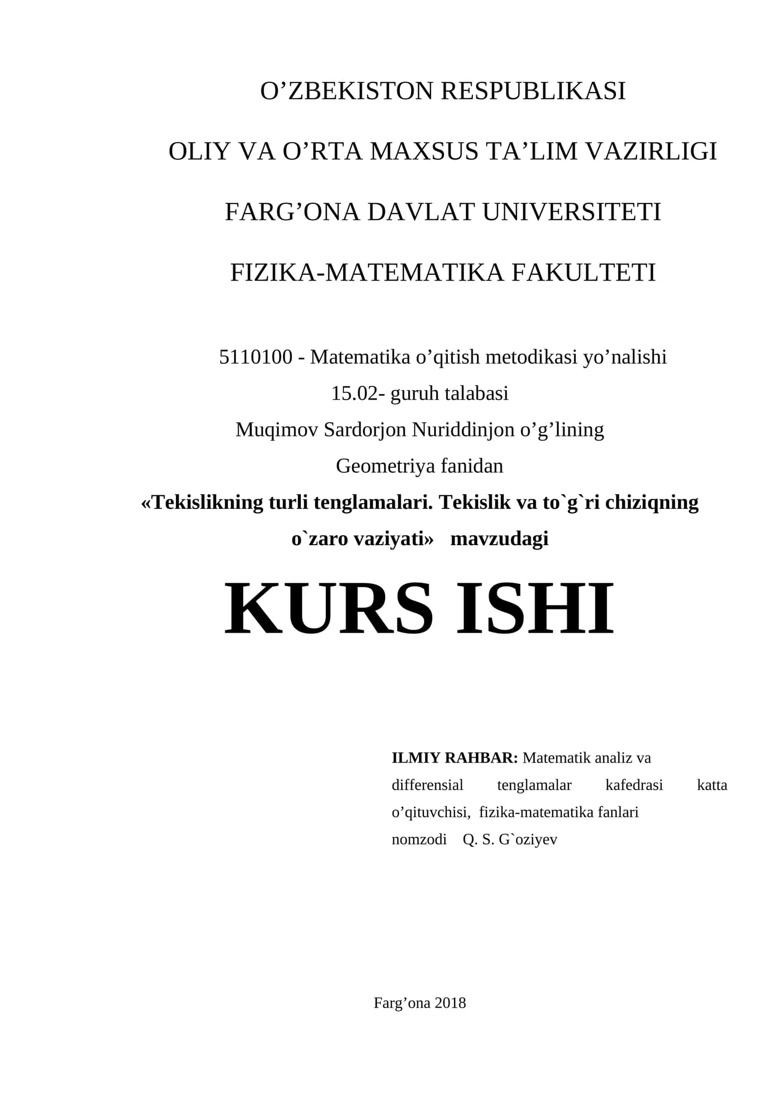Tekislikning turli tenglamalari. Tekislik va to`g`ri chiziqning o`zaro vaziyati 1