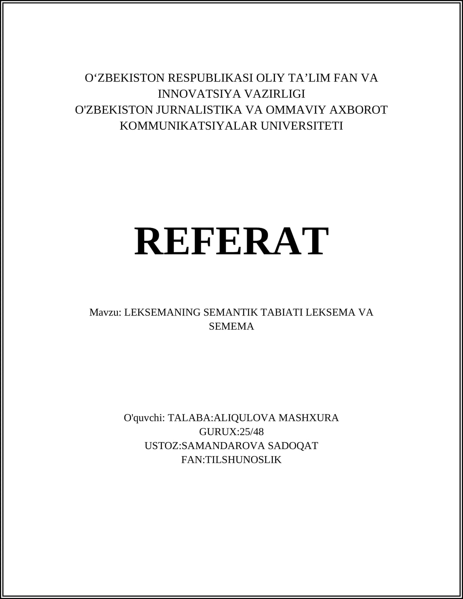 LEKSEMANING SEMANTIK TABIATI LEKSEMA VA SEMEMA 1