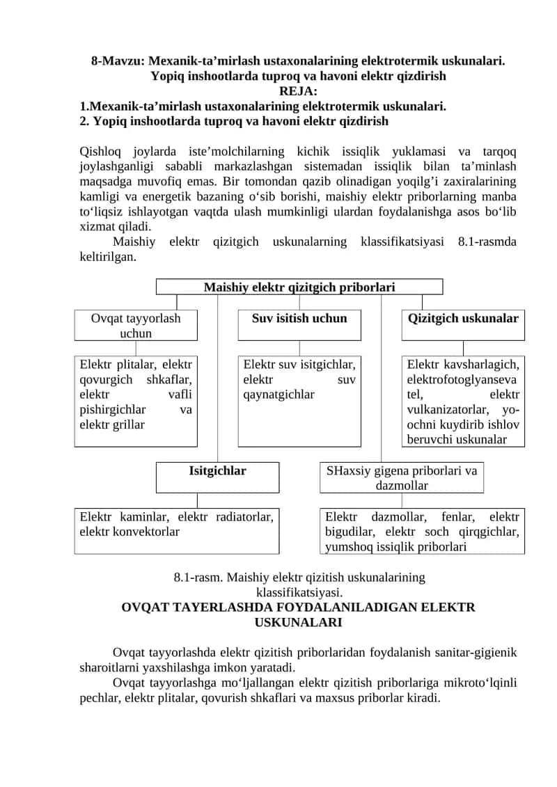 Mexanik-ta’mirlash ustaxonalarining elektrotermik uskunalari. Yopiq inshootlarda tuproq va havoni elektr qizdirish 1