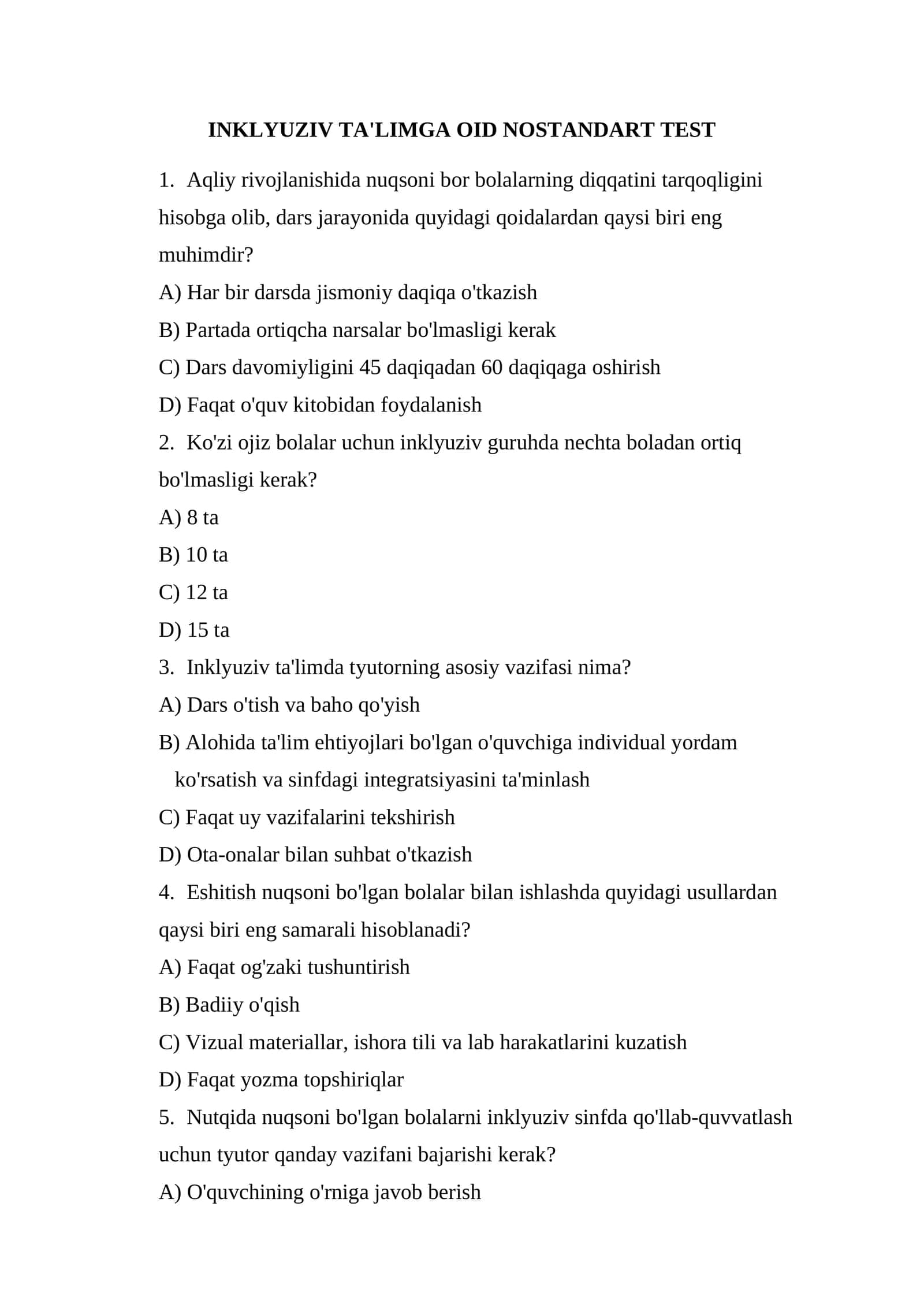 INKLYUZIV TA'LIMGA OID NOSTANDART TEST 1