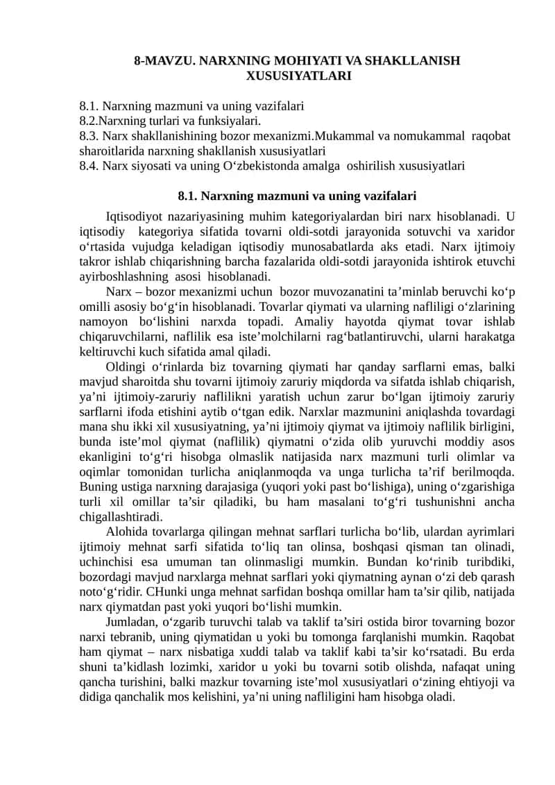 NARXNING MOHIYATI VA SHAKLLANISH XUSUSIYATLARI 1