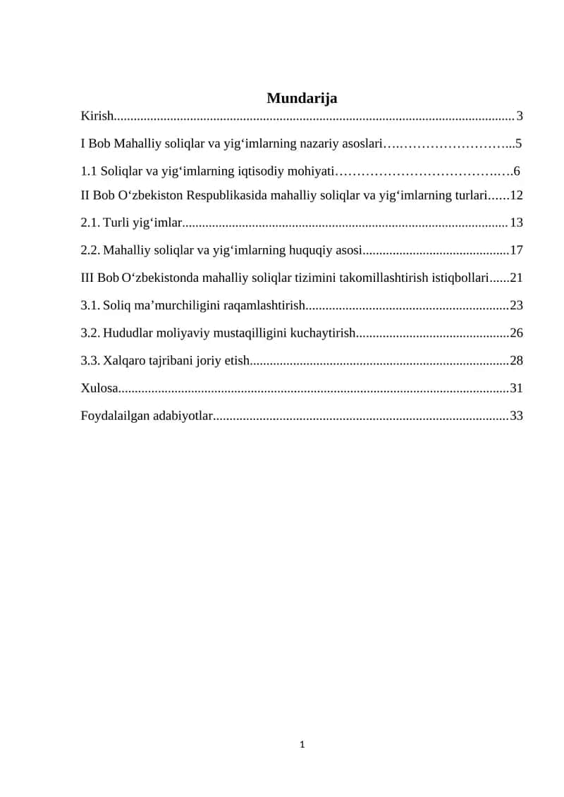 Oʻzbekiston respublikasida mahalliy soliqlar va yigʻimlarning amal qilish mexanizmi kurs ishi 1