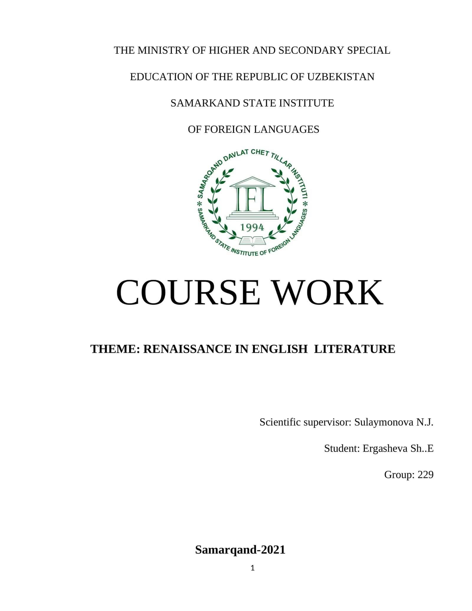 RENAISSANCE IN ENGLISH LITERATURE 1