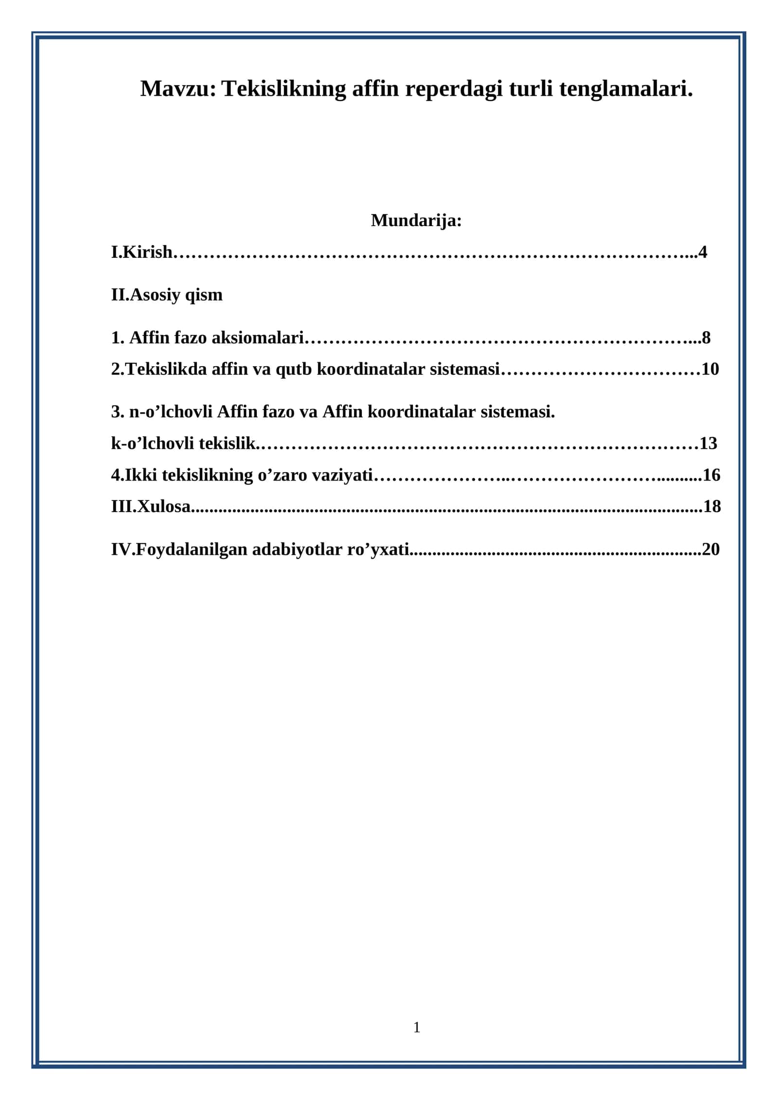 Tekislikning affin reperdagi turli tenglamalari 1