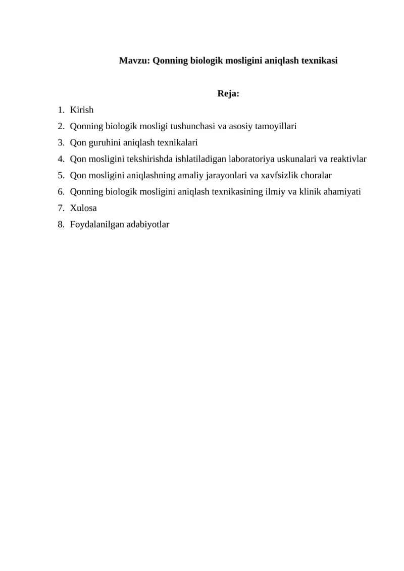 Qonning biologik mosligini aniqlash texnikasi 1