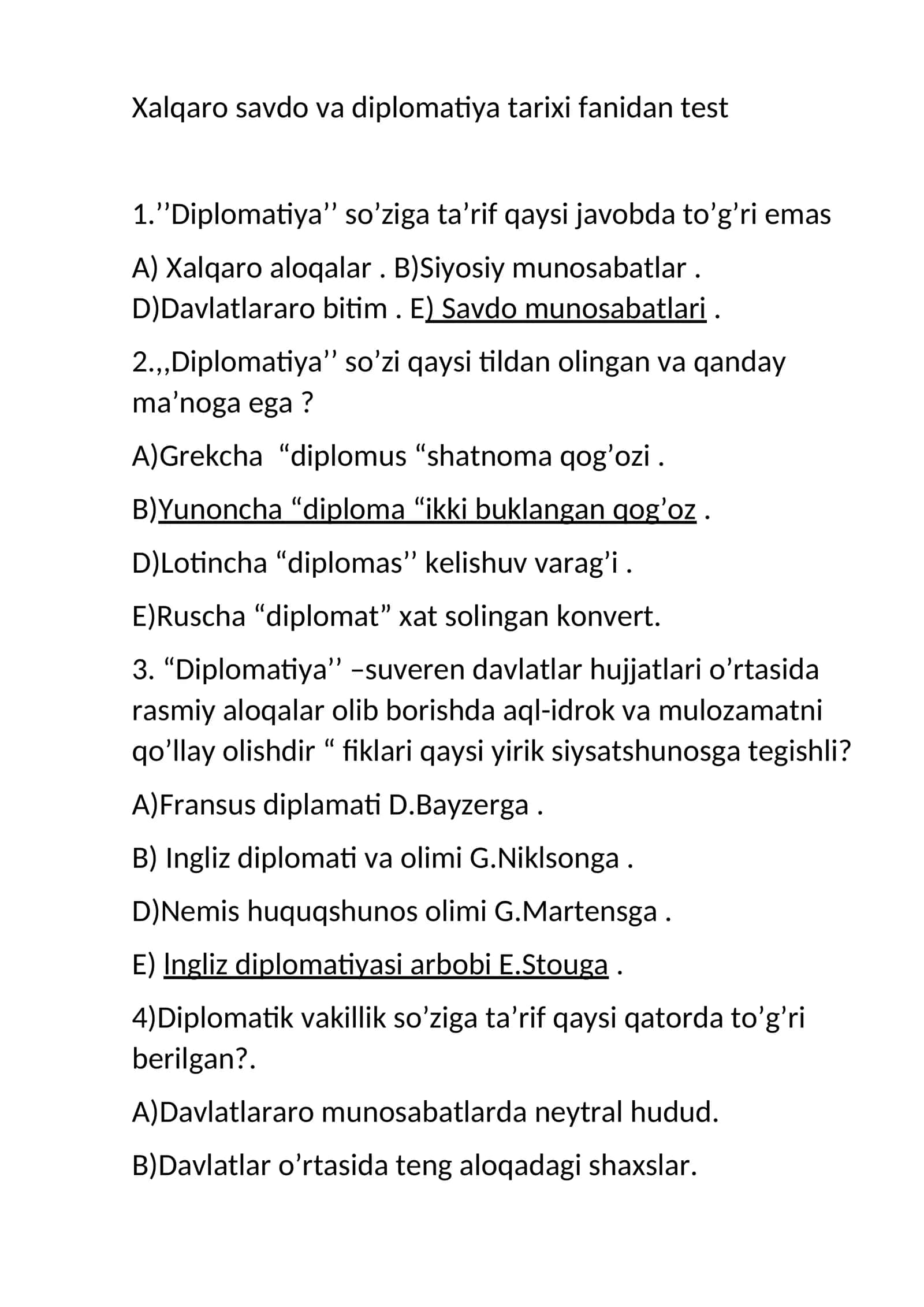 Xalqaro savdo va diplomatiya tarixi fanidan test 1