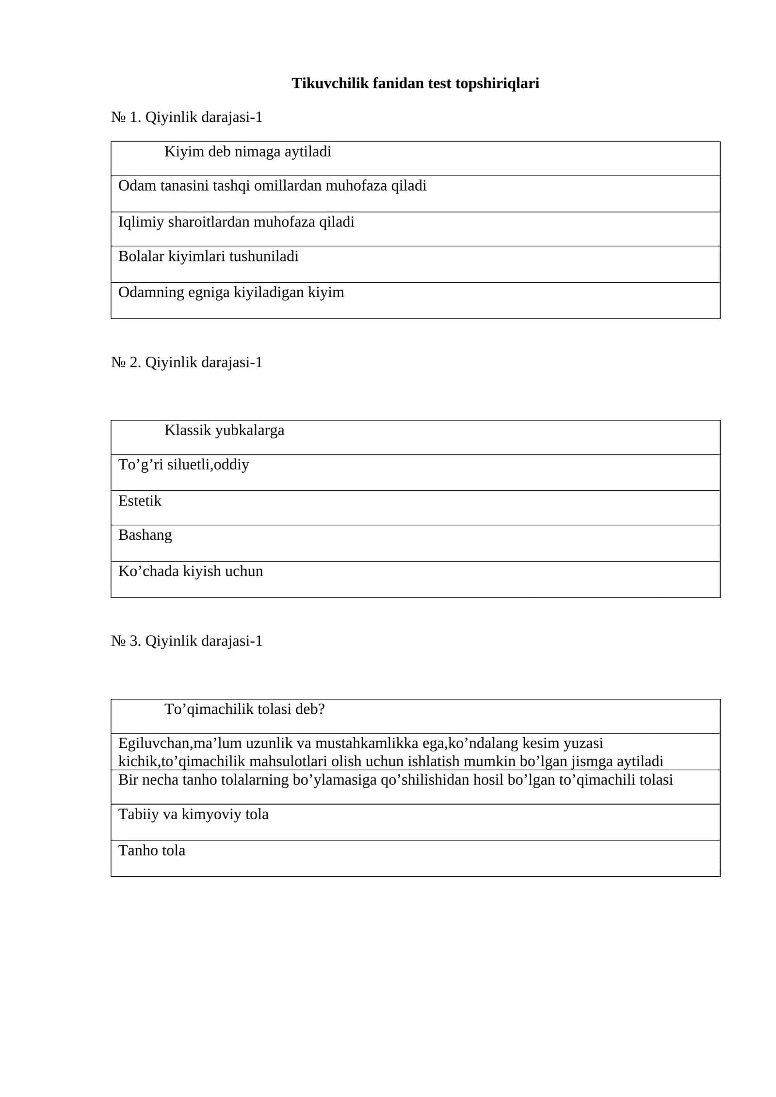 Tikuvchilik fanidan test topshiriqlari 1