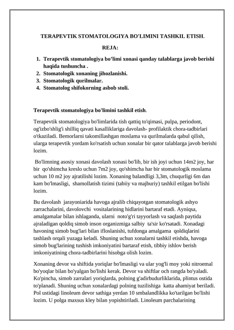 Terapevtik stomatologiya bo'limini tashkil etish 1